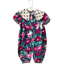 Vintage Girls Floral Romper Polka Dot Collar Magenta Teal 80s 90s One Piece